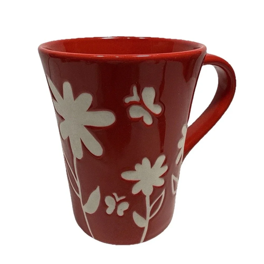 Starbucks Coffee Mug 2007 Red Floral Butterfly Cup‎ 12 oz Ceramic New